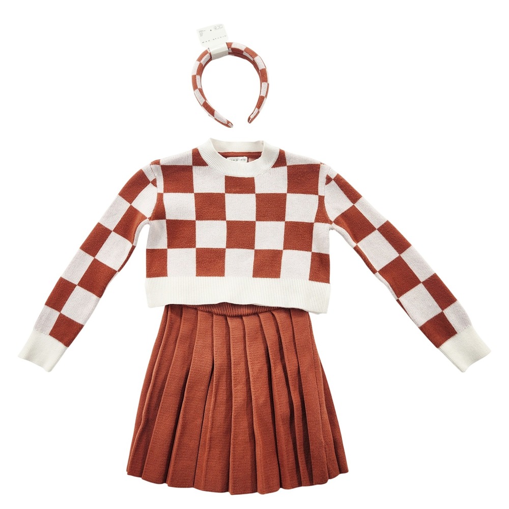 Max Studio Kids Rust Checkerboard Sweater Pleated Skirt and Headband‎ Set Size 4